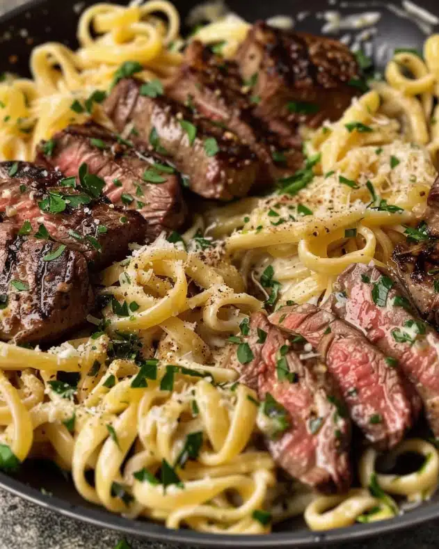 Garlic Butter Steak Bites & Creamy Alfredo Pasta