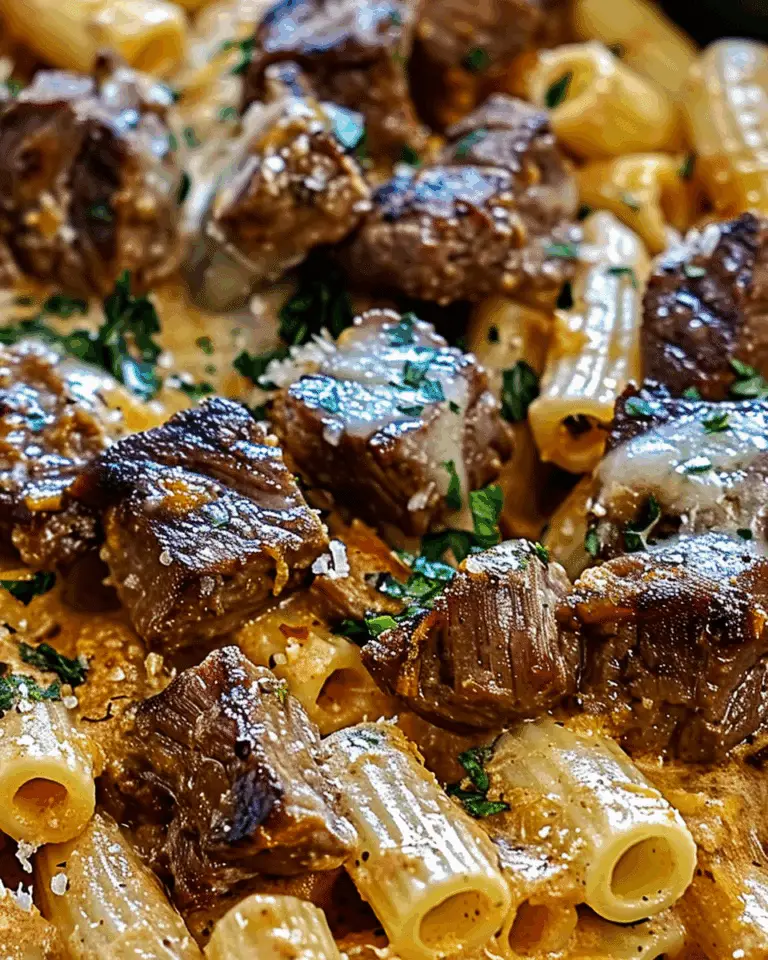 Cajun Steak Tips in Cheesy Rigatoni Parmesan Sauce