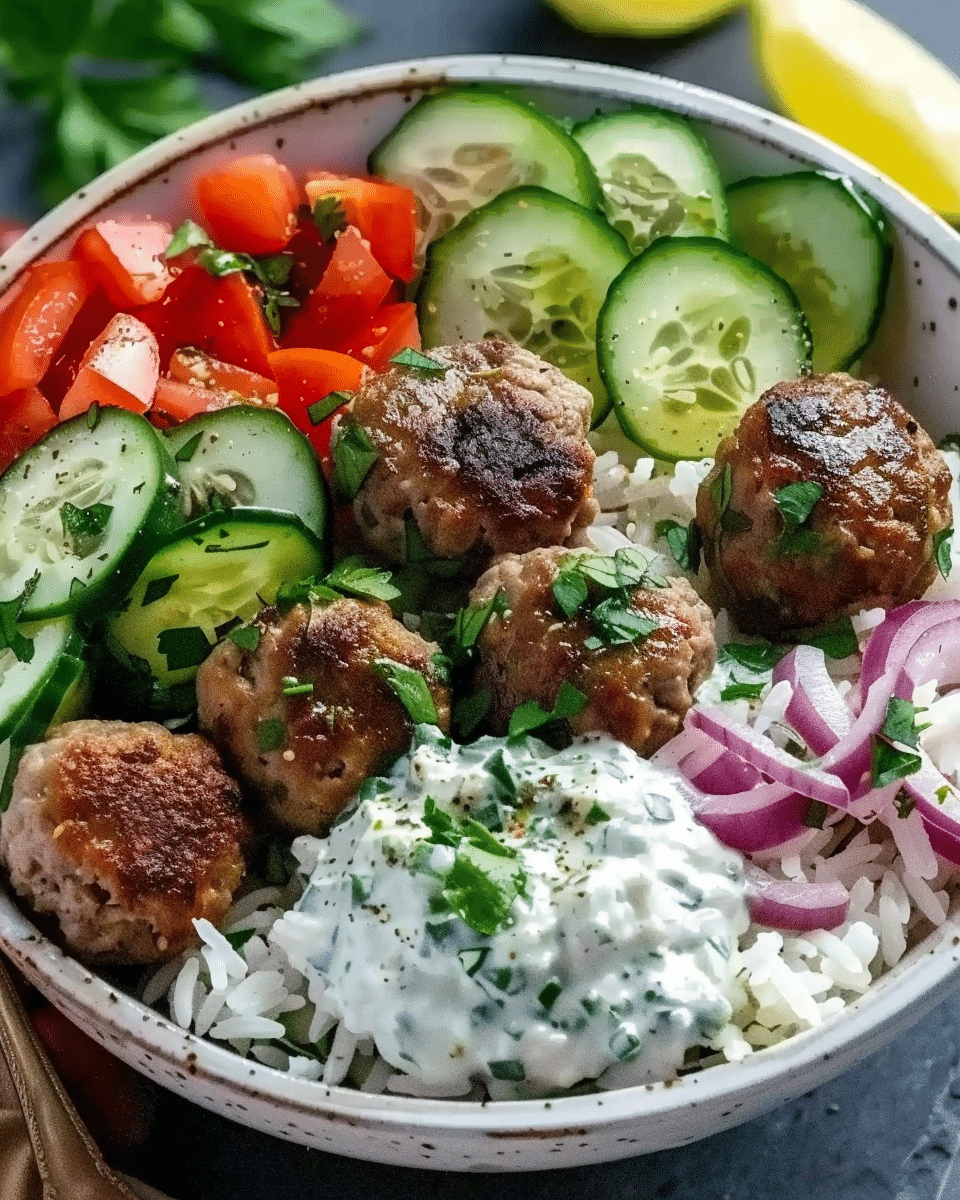 Greek Meatball Bowl with Tzatziki, Rice & Fresh Veggies