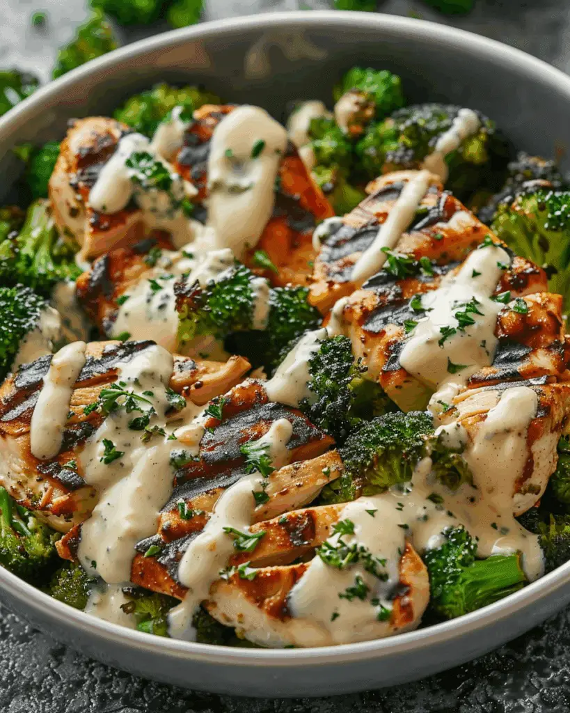 Grilled Chicken & Broccoli Bowls with Creamy Garlic Sauce