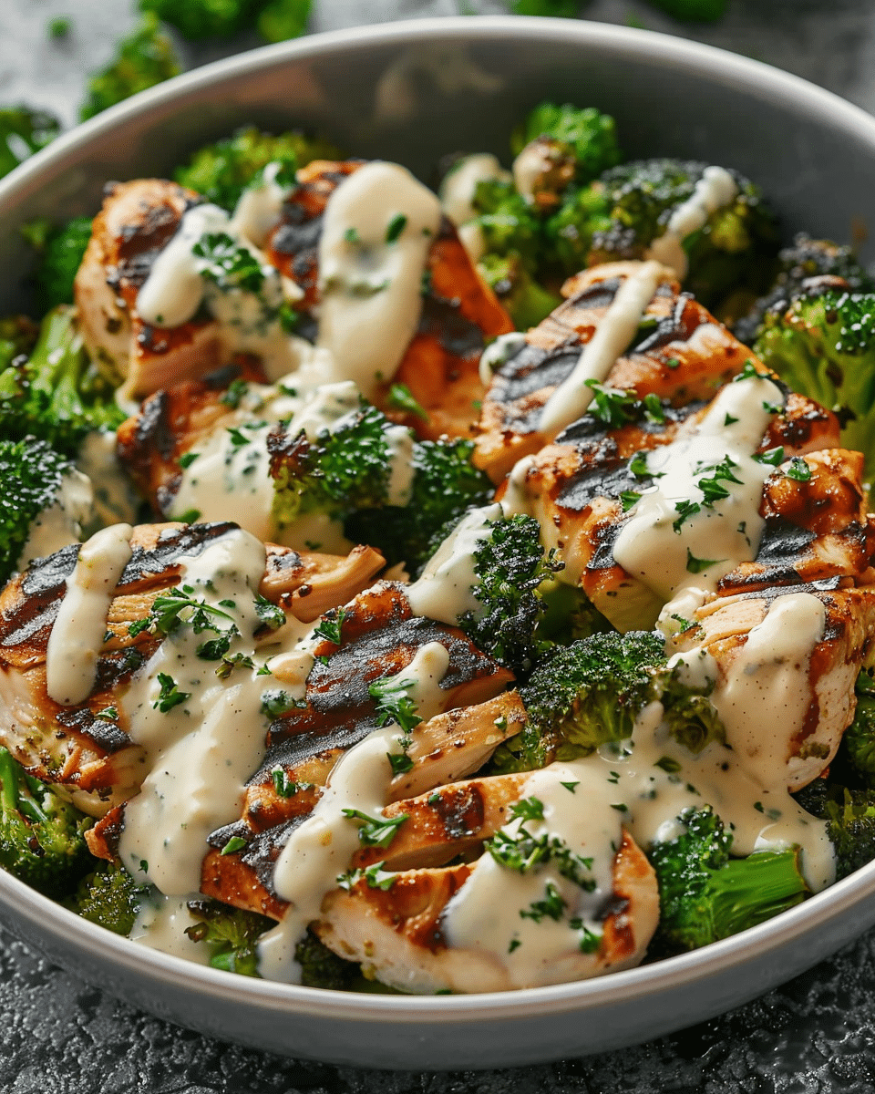 Grilled Chicken & Broccoli Bowls with Creamy Garlic Sauce