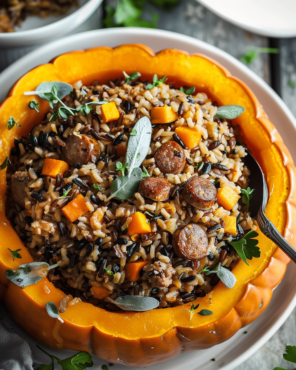 Pumpkin Stuffed with Wild Rice and Sausage