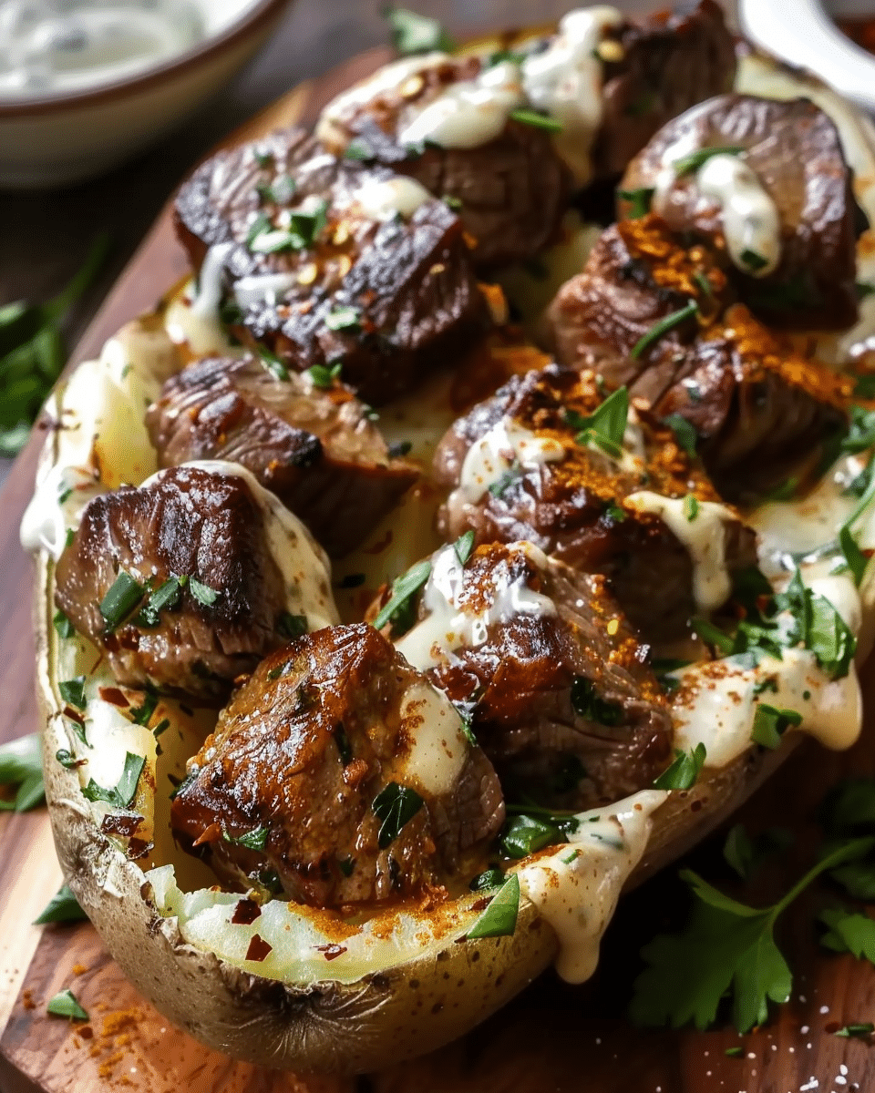 Loaded Baked Potato with Garlic Butter Steak Bites