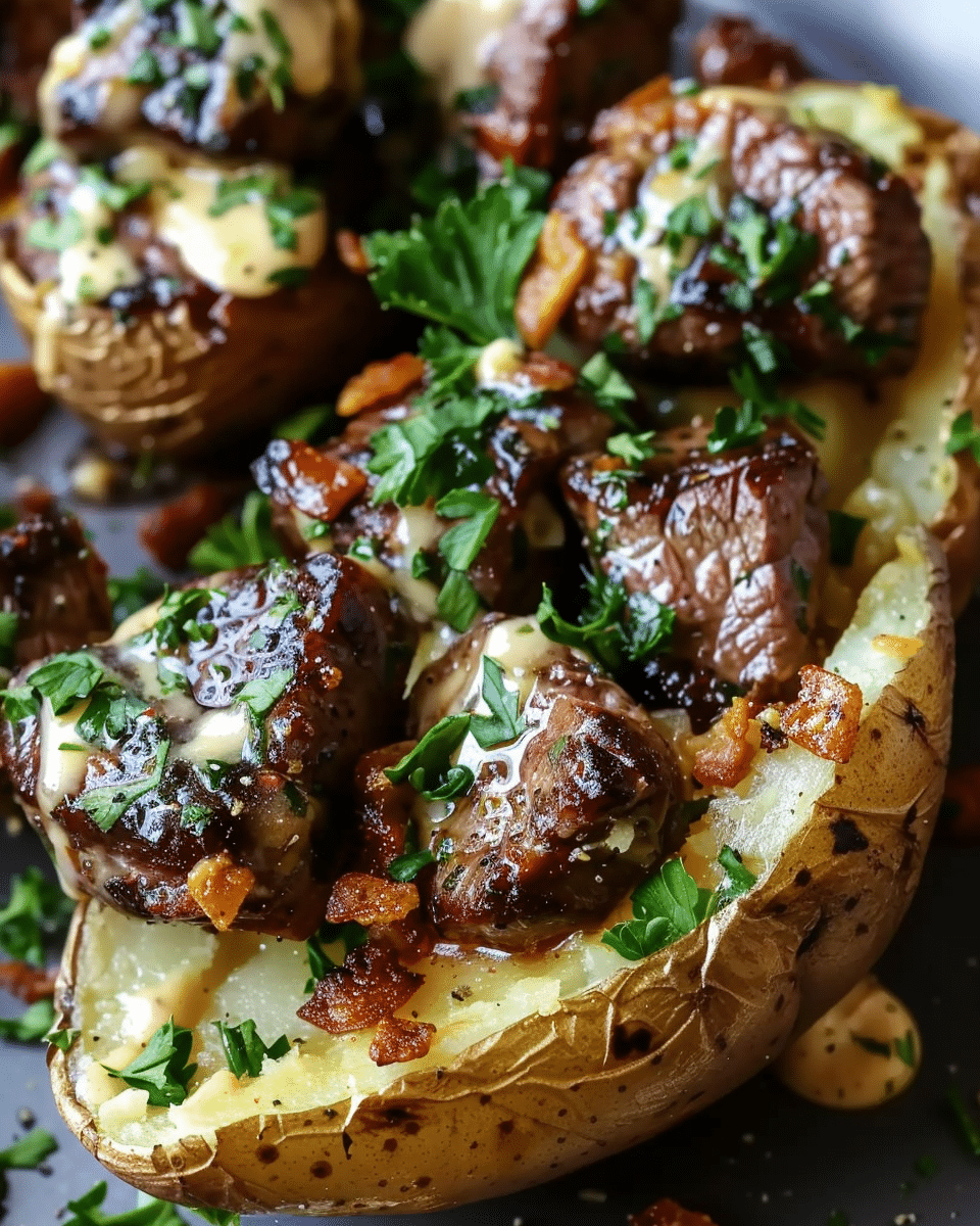 Loaded Baked Potato with Garlic Butter Steak Bites