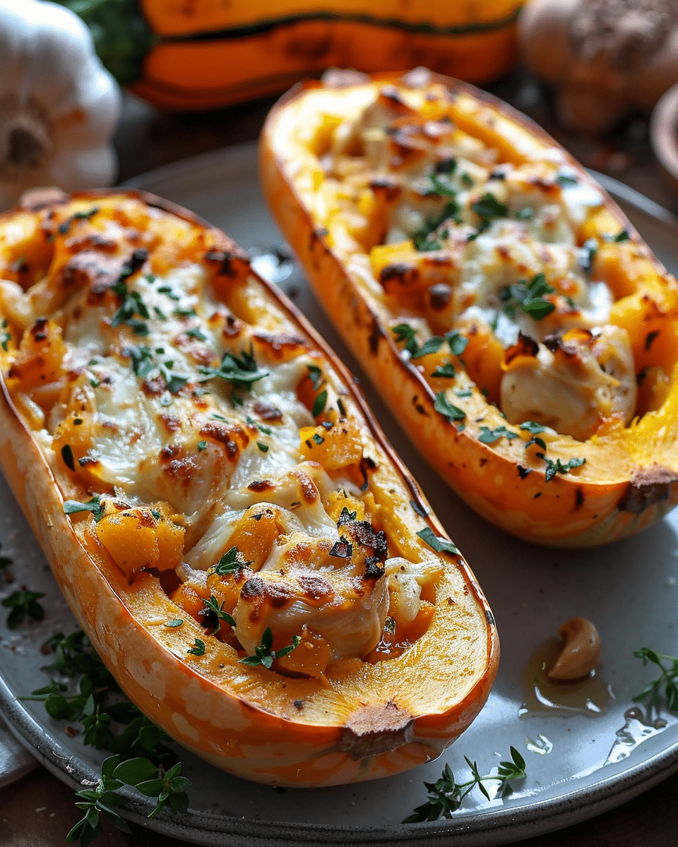 Sweet and Savory Honey Roasted Butternut Squash Stuffed with Chicken