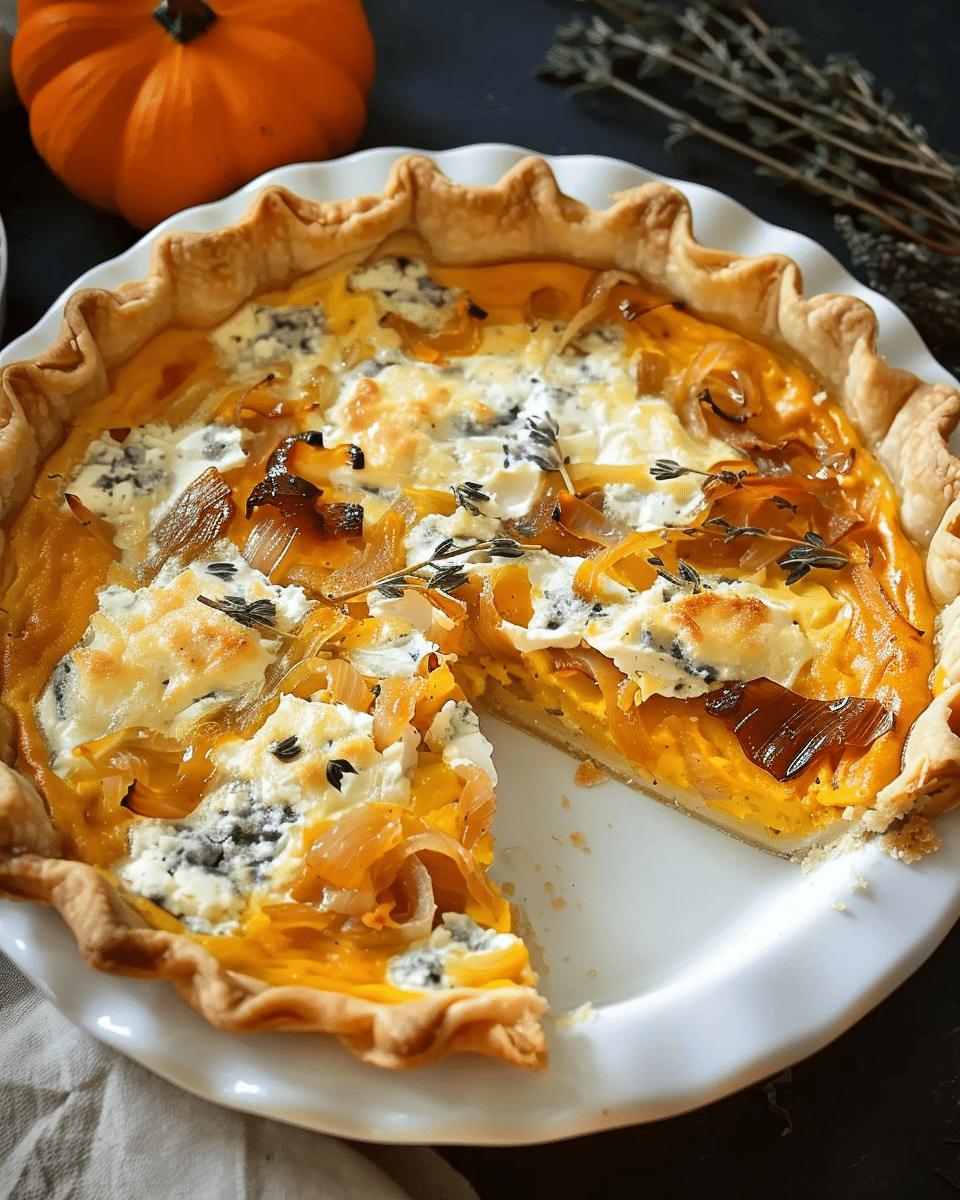Roasted Pumpkin Quiche with Caramelized Onions and Gorgonzola