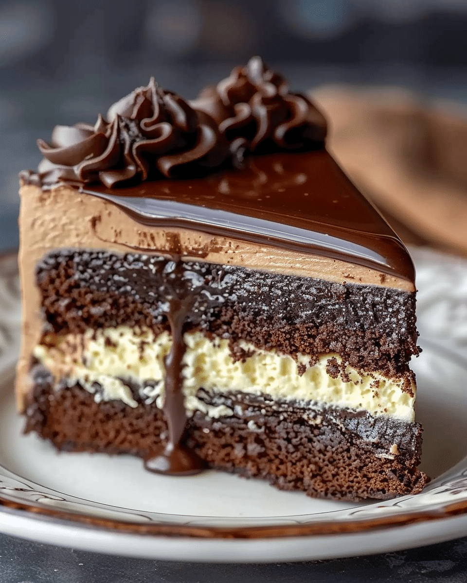 Chocolate Cheesecake Filled and Ganache-Topped Cake