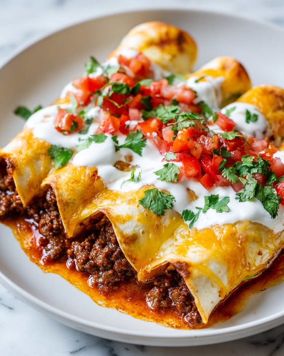 A white plate holds three rolled tortillas filled with brown cooked ground meat in reddish sauce, arranged side by side with sauce spreading under and around them. Each tortilla is covered with a melted layer of golden-yellow cheese. On top runs a thick white cream stripe, garnished with small red tomato cubes and fresh green cilantro leaves scattered both on the cream and plate edges. The white marbled background highlights the warm colors of the dish, showing a close-up view that displays the textures of the meat, cheese, and toppings clearly. photo taken with an iphone --ar 4:5 --v 7