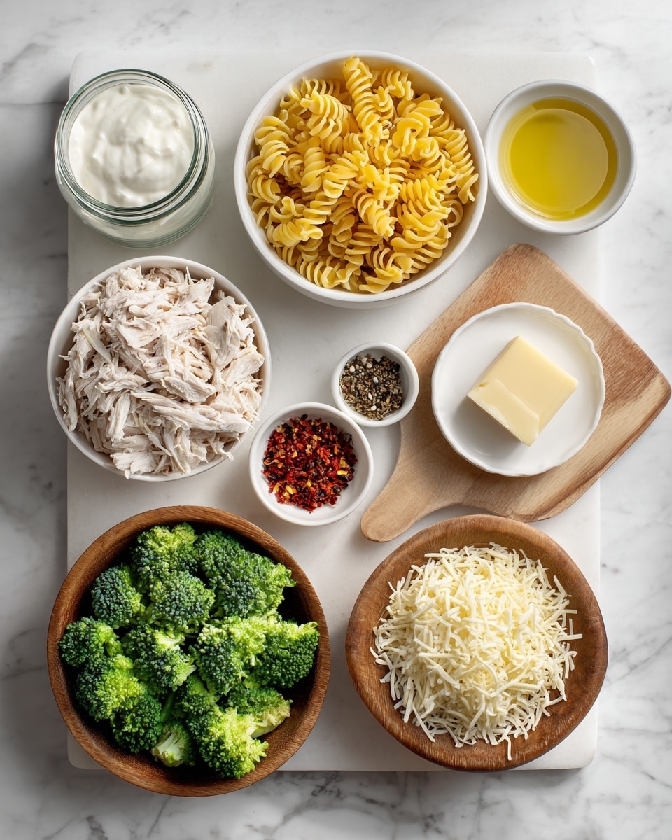 A bowl filled with three layers of food: the bottom layer has pale creamy rotini pasta with a smooth texture, the middle layer shows bright green broccoli pieces with a slightly rough surface, and the top layer has small golden brown grilled chicken pieces with a light char. The food is all mixed together in a shallow white bowl placed on a white marbled surface. Photo taken with an iphone --ar 4:5 --v 7