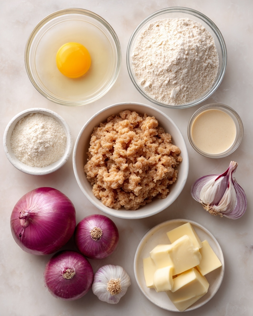 A top view of a white marbled surface holding several ingredients in white bowls and loose items. At the center is a white bowl with a light brown, crumbly texture of cooked ground meat. Above it to the left are two clear glass bowls filled with white flour and light beige flour. On the top left is a small white bowl with a raw egg yolk surrounded by clear egg white. Below the bowls is a large red onion in a white bowl, with three purple garlic cloves to its right, and a small white bowl of light beige sauce below the meat. On the bottom right is a small clear glass bowl with pale yellow slices of butter, and next to it are two yellow onions loose on the surface. The whole image is well lit and clear. photo taken with an iphone --ar 4:5 --v 7