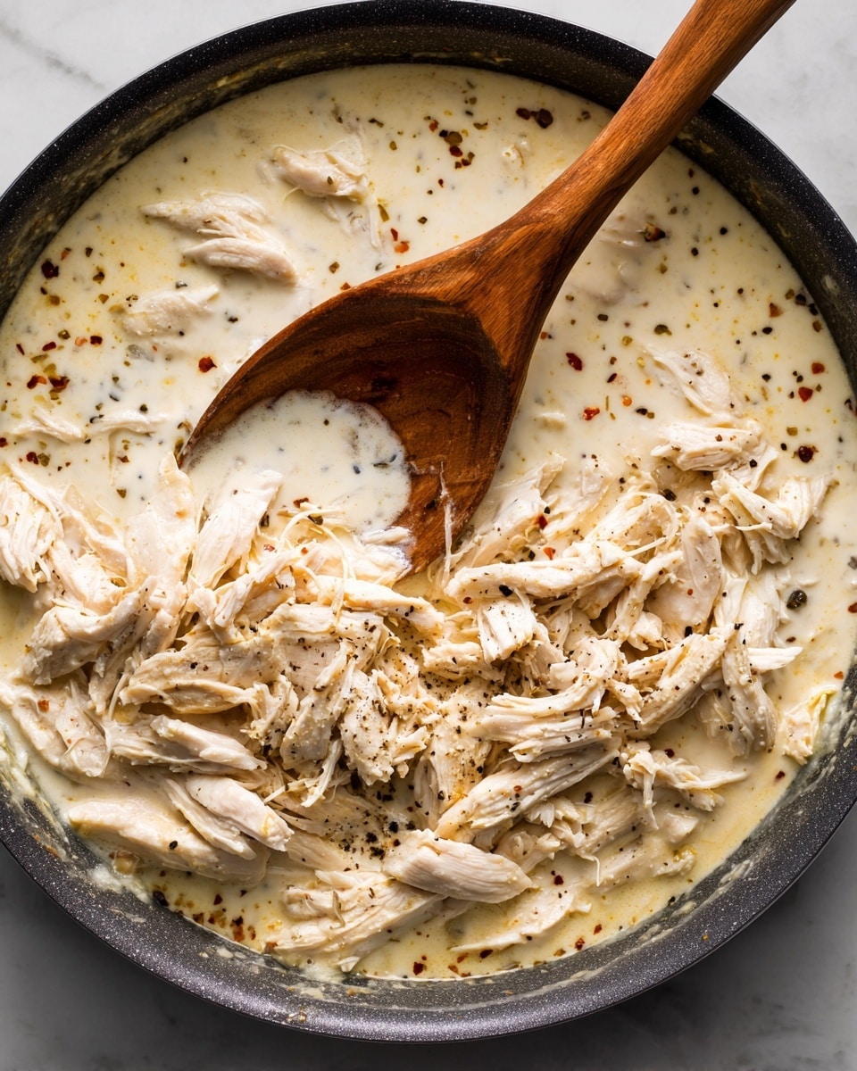 A close-up image shows shredded white chicken mixed into a creamy, light beige sauce with visible black pepper and seasoning flakes scattered throughout. The creamy sauce has a smooth texture with the chicken evenly coated and slightly layered in the middle of a dark pan. A wooden spoon with a rich brown color is partially submerged in the sauce, stirring the chicken pieces gently against a white marbled surface background. photo taken with an iphone --ar 4:5 --v 7