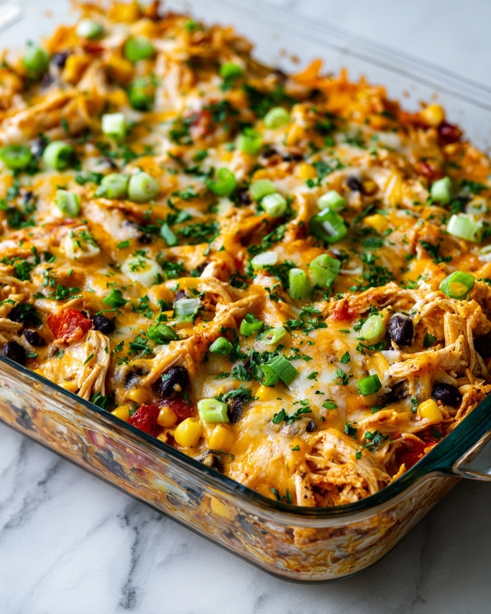 A clear glass baking dish filled with a colorful layered casserole. The dish shows a mix of shredded cooked chicken, black beans, corn kernels, and small pieces of red bell pepper, all baked together with melted cheese that holds the ingredients. Sprinkled green onion pieces and chopped parsley are scattered on top, giving a fresh green contrast. The surface looks slightly browned in spots from baking. The dish is placed on a white marbled surface. Photo taken with an iphone --ar 4:5 --v 7