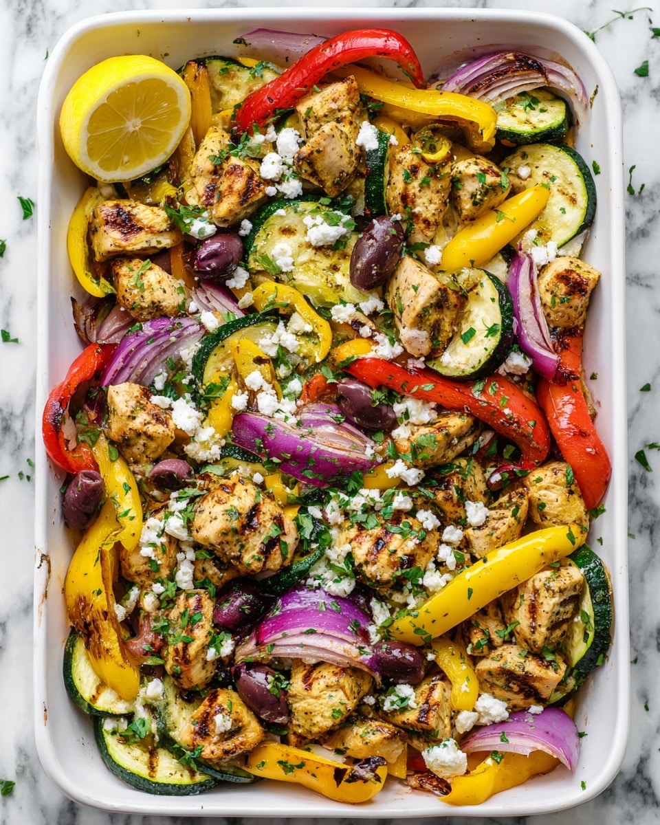 A white pan filled with grilled chicken chunks that are golden brown with grill marks, scattered evenly among bright red and yellow bell pepper strips, slices of green zucchini, and purple onion wedges. There are small pieces of white cheese crumbled over the top, and dark purple olives placed around. Fresh green chopped herbs are sprinkled all over, with a lemon wedge placed on the side inside the pan. The pan sits on a white marbled surface. photo taken with an iphone --ar 4:5 --v 7
