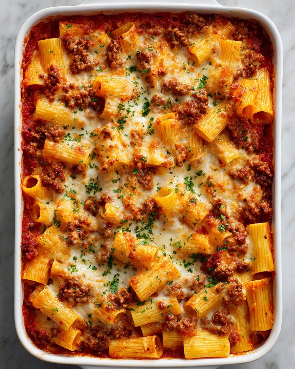 A round, deep dish filled with baked pasta that has a golden-brown melted cheese topping with some darker browned spots. The pasta pieces are tube-shaped and visible through the cheese layer. Small green herb bits are sprinkled evenly on top. The edges show pasta pieces slightly browned and peeking out from under the bubbly cheese. The dish is held by a woman's hand against a blurred indoor background. photo taken with an iphone --ar 4:5 --v 7
