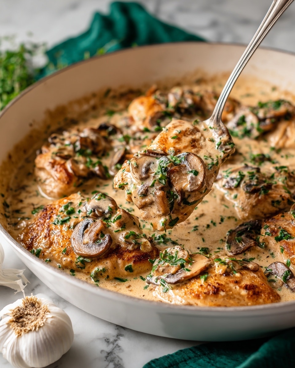 The dish shows a white plate with a layer of yellow curly egg noodles around the edge. On top, there is a creamy sauce with a light tan color, mixed with pieces of browned chicken and sautéed dark brown mushroom slices spread evenly. The sauce is thick and smooth, covering the chicken and mushrooms, and the dish is sprinkled with finely chopped green parsley. The plate sits on a white marbled surface, and in the background, there are blurred garlic bulbs and cloves. photo taken with an iphone --ar 4:5 --v 7