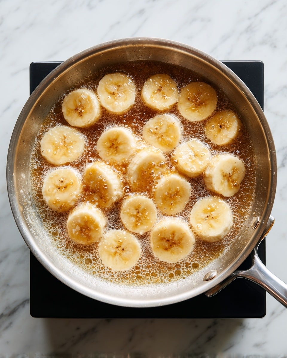 A metal pan is shown from above with eleven peeled banana pieces placed in a single layer, floating in a bubbling light brown syrup. The bananas are pale yellow with slight brown spots and are evenly spread out in a circular pattern, almost filling the pan. The pan sits on a black induction cooktop, which is placed on a white marbled surface. The light reflects softly on the syrup and the smooth texture of the bananas is visible. photo taken with an iphone --ar 4:5 --v 7