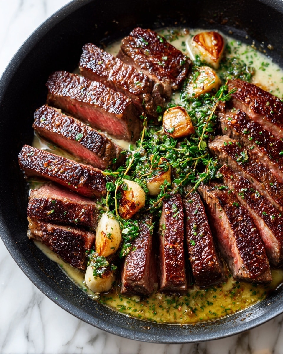 A thick sliced steak, cooked medium rare, shows a brown crispy crust with pinkish-red inside layers arranged in a row inside a black cast iron pan. A creamy herb sauce with green bits is spread over the top of the steak pieces, with some sauce pooling around the bottom. Around the steak in the pan are golden-brown sautéed small onions. The pan rests on a white marbled surface. photo taken with an iphone --ar 4:5 --v 7