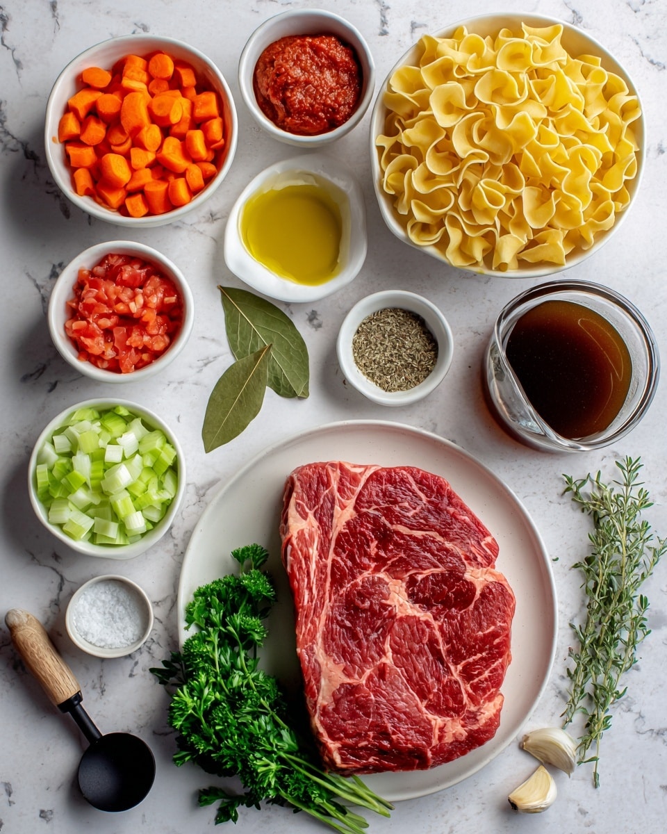 The image shows raw ingredients neatly arranged on a white marbled surface. In the center, a large, red beef chuck steak with a marbled texture lies on a white plate with fresh green parsley beneath it. Around it, several small white bowls hold bright orange sliced carrots, pale green celery pieces, and chopped white onion. To the top right, a white bowl contains yellow wide pasta ribbons. Near the top center, a small white dish holds two green bay leaves with dried thyme sprinkled around them. A small clear glass container with golden olive oil and another white bowl with bright red chopped tomatoes sit nearby. A small white dish at the top left contains a deep red tomato paste. A medium clear measuring cup filled with dark brown beef broth is positioned on the right side. Near the lower left, a small white dish contains salt and black pepper, while a small black ladle with a wooden handle rests next to it. Two cloves of garlic lie on the beef chuck. The entire scene is well-lit, showing crisp colors and textures, photo taken with an iphone --ar 4:5 --v 7