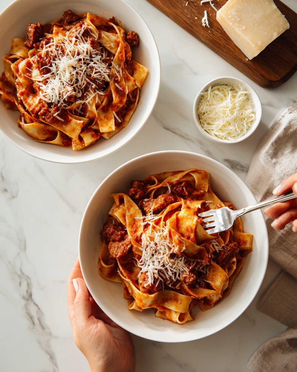Two white plates filled with wide, yellow pasta noodles covered in dark red meat sauce and topped with shredded light-colored cheese. The foreground plate has a shiny silver fork resting on the side, while the background plate shows some more pasta and meat pieces. The dishes sit on a white marbled surface with a wooden board holding a small white bowl of plain white rice to the upper right of the scene. Photo taken with an iphone --ar 4:5 --v 7