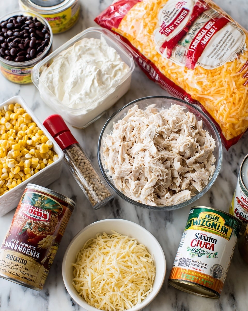 The image shows several ingredients arranged on a white marbled surface. In the front right, there is a small white bowl filled with light-colored shredded chicken. Behind the bowl, to the left, is a clear measuring cup containing more shredded chicken. Surrounding these are various containers including a large red and orange bag of finely shredded Mexican style four cheese blend cheese, a white tub of whipped cream, and a jar of medium chunky salsa with a green and yellow label. Also visible are cans of black beans and whole kernel corn, a container of ground cumin, a pepper grinder, a salt container, and a small bottle labeled onion powder, all neatly positioned in the background. The overall scene looks like preparation for cooking, with all ingredients clearly displayed. photo taken with an iphone --ar 4:5 --v 7