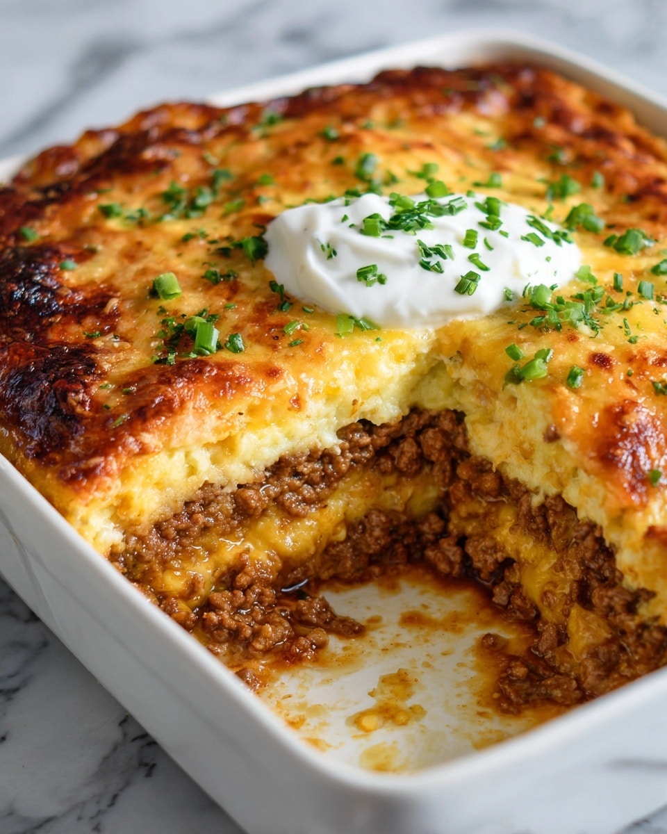 A square piece of layered casserole sits on a white plate over a white marbled surface. The bottom layer is a thick, crumbly ground meat in dark brown color. Above that is a creamy layer with a light yellow tint. The top layer is melted cheddar cheese, golden orange with darker browned spots. On top, a dollop of white sour cream is placed in the center, sprinkled with small pieces of chopped green herbs. Behind the sour cream, small chunks of bright red tomatoes are scattered. The dish looks warm and freshly served. Photo taken with an iphone --ar 4:5 --v 7