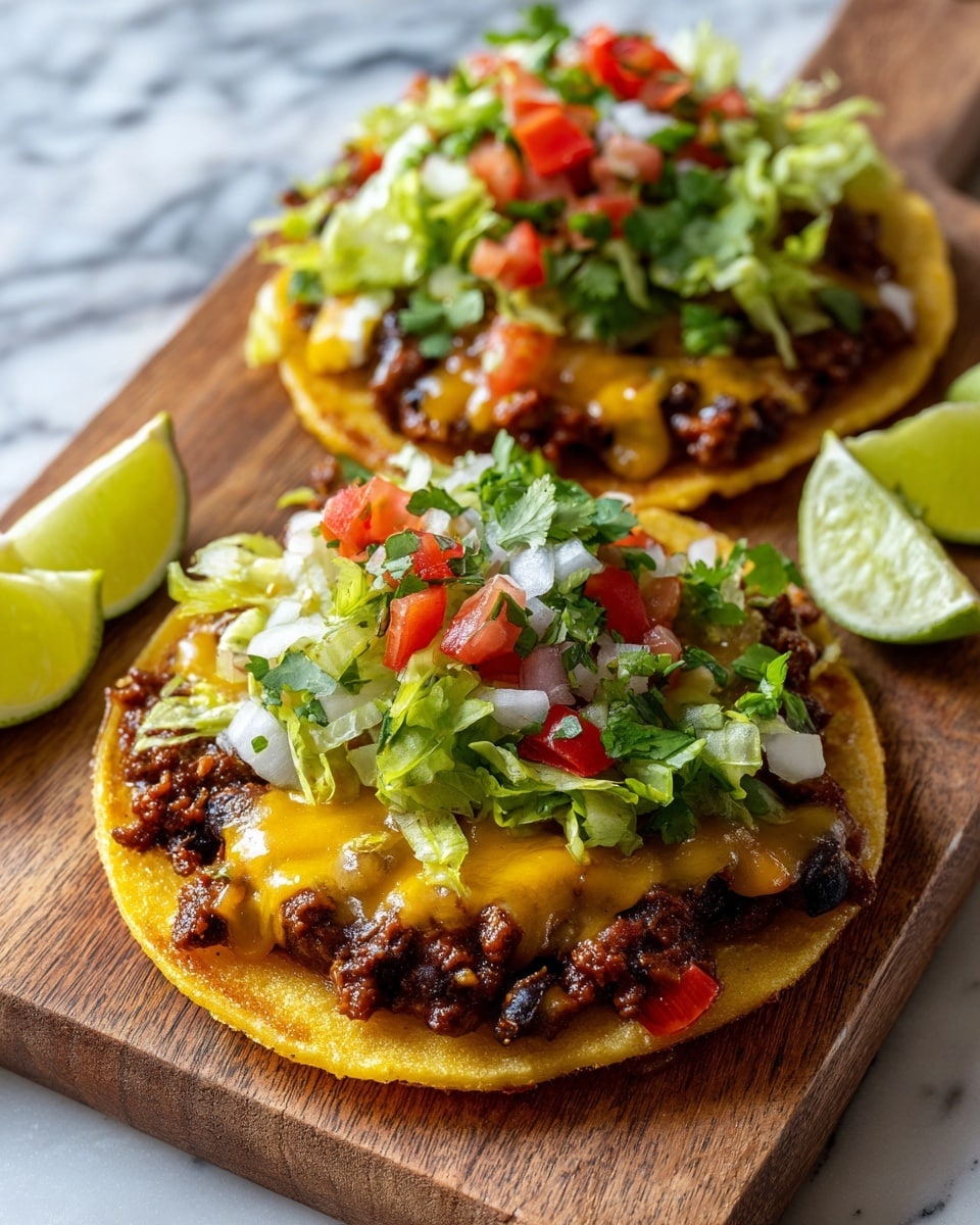 The dish shows two small round tostadas on a wooden board with a white marbled surface underneath. Each tostada has three clear layers: the bottom is a crispy yellow tortilla, the middle layer is dark brown seasoned ground meat mixed with black olives, and the top layer is melted bright yellow cheddar cheese with slightly browned spots. On top of the cheese, there is a fresh pile of chopped green lettuce, white onions, red diced tomatoes, and green cilantro leaves. To the top right of the board, two lime wedges are placed. The scene is close-up and bright, photo taken with an iphone --ar 4:5 --v 7