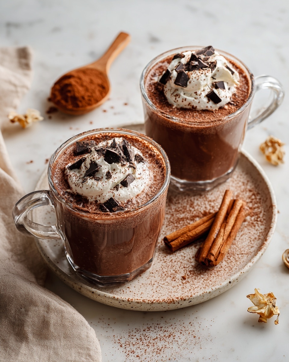 Two clear glass cups filled with rich brown hot chocolate topped with white whipped cream and small dark chocolate chunks. The drinks have a dusting of cocoa powder on top. Each cup sits on a speckled beige plate with a light layer of cocoa powder spread on it. Around the cups are cinnamon sticks and small pieces of dried fruit or nuts. The scene is set on a white marbled surface with a soft beige cloth and a wooden spoon filled with cocoa powder nearby. Photo taken with an iphone --ar 4:5 --v 7
