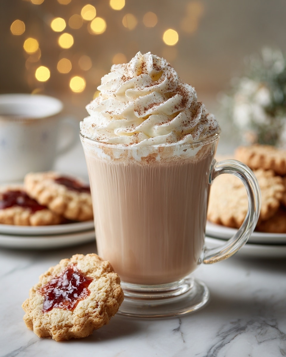 A tall clear glass mug filled with light brown coffee showing a smooth creamy texture, topped with a large swirl of white whipped cream sprinkled lightly with brown powder, sitting on a white marbled surface with blurred warm yellow and orange lights in the background. Around the mug, there are white plates holding soft golden brown cookies with visible red jam spots, adding a cozy feel to the setting. photo taken with an iphone --ar 4:5 --v 7