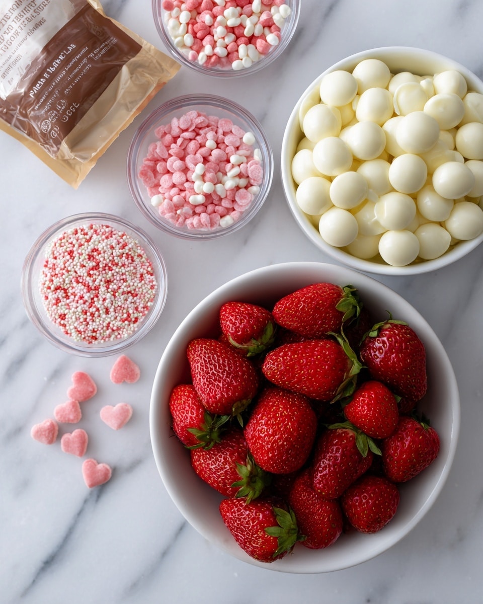 The image shows a white bowl full of bright red strawberries with green tops. Nearby, there is another white bowl with smooth, round white candy melts. Three small clear cups hold different kinds of pink and white sprinkles, including small round and tiny heart shapes. A brown bag of chocolate candy melts is also visible. The items are placed on a white marbled surface, creating a clean and fresh look. Photo taken with an iphone --ar 4:5 --v 7