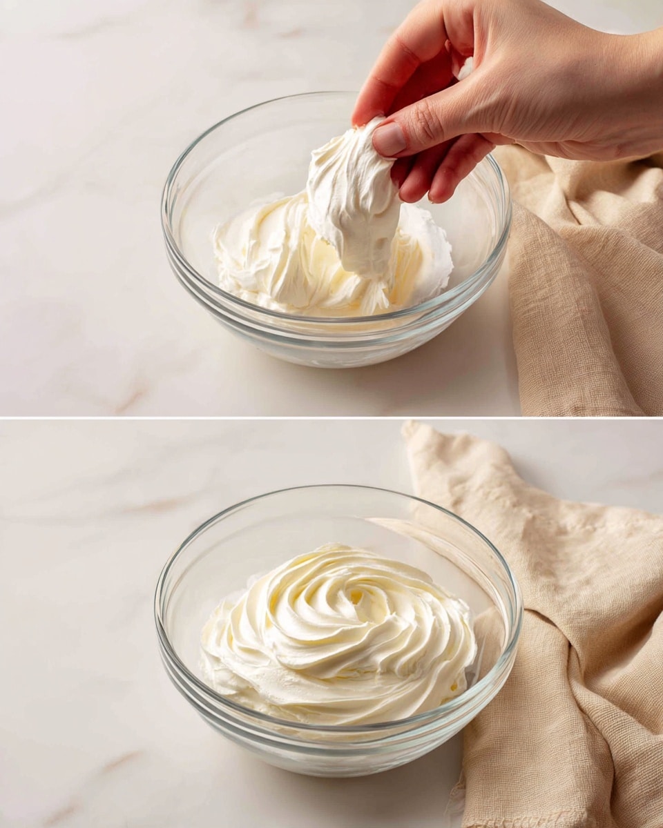 Two images show a clear glass bowl filled with a smooth, thick white cream placed on a white marbled surface. In the first image, a woman's hand is holding a clear bowl with a large dollop of cream being added on top of an already creamy white layer inside the glass bowl. The cream being added has a slightly firmer texture. In the second image, the cream in the glass bowl is spread evenly and has a smooth, wavy texture on top. The background includes a soft beige cloth, adding a subtle contrast to the white marbled surface. photo taken with an iphone --ar 4:5 --v 7