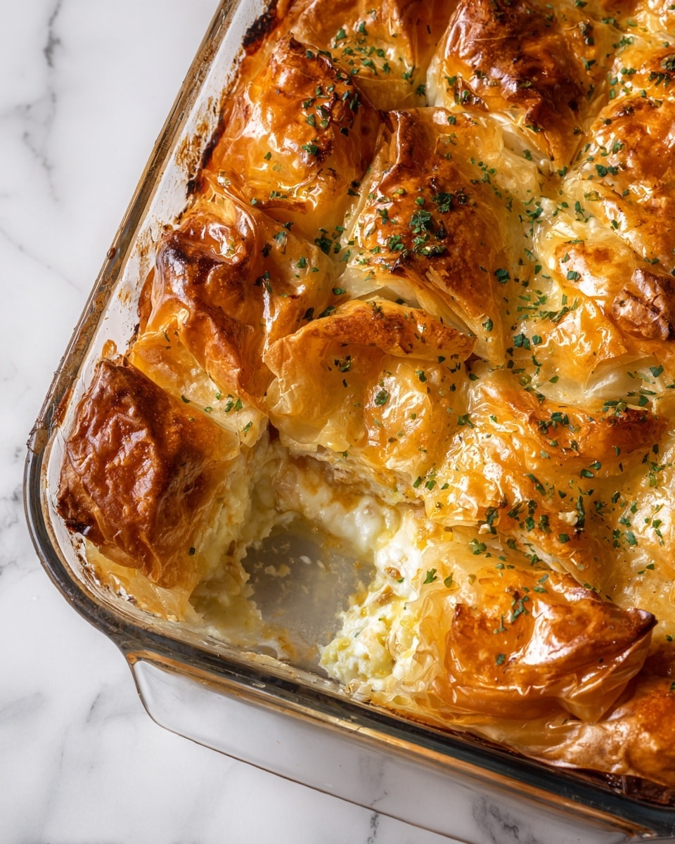 The image shows a glass baking dish filled with a golden-brown layered casserole. The top layer consists of puffed, shiny pastry with a light crispy texture, decorated with small chopped herbs scattered on top. Beneath the pastry, there is a melted cheese layer that is creamy white with patches of light yellow, suggesting a mixture of cheeses melted together. The casserole filling underneath is smooth and rich, mostly hidden but slightly visible through the pastry folds. The dish rests on a white marbled surface giving a clean and bright background. Photo taken with an iphone --ar 4:5 --v 7