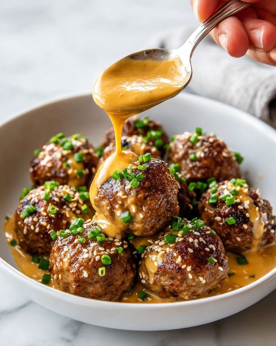 A white bowl holds several brown meatballs with a shiny, slightly crispy texture. The meatballs are topped with chopped bright green chives and sprinkled with light tan sesame seeds. A woman's hand is holding a silver spoon above the bowl, dripping a creamy, light orange sauce with visible seasoning over the top meatballs. The background and surface are white marble. photo taken with an iphone --ar 4:5 --v 7