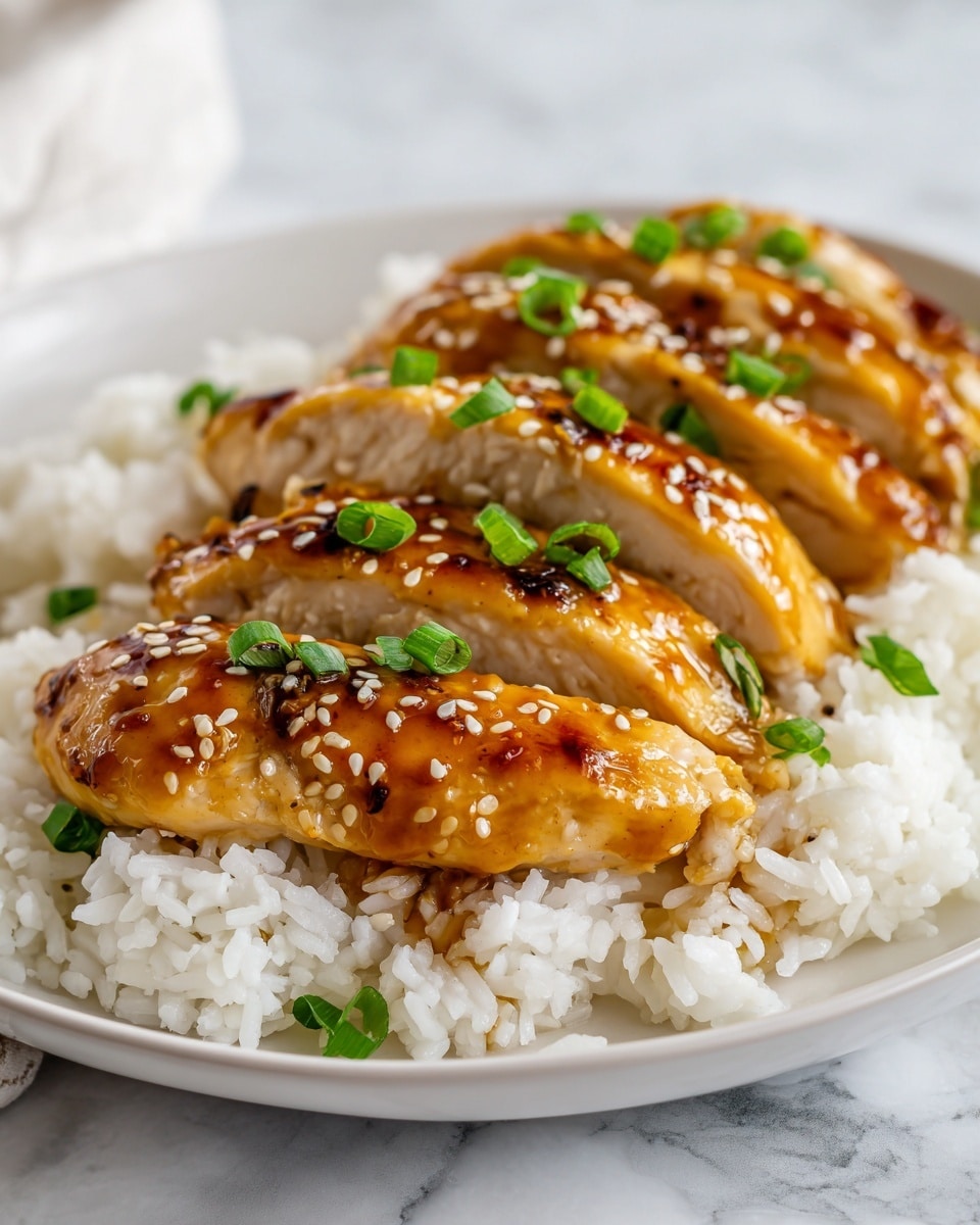 Three pieces of glazed chicken with a shiny dark brown sauce are arranged in a neat line on top of a bed of fluffy white rice. Each chicken piece is sprinkled with small white sesame seeds and chopped green onions, adding a fresh green color. The chicken has a slightly charred texture, showing it was cooked with heat to give a slight crisp. The dish sits on a white plate with a white marbled surface background. photo taken with an iphone --ar 4:5 --v 7