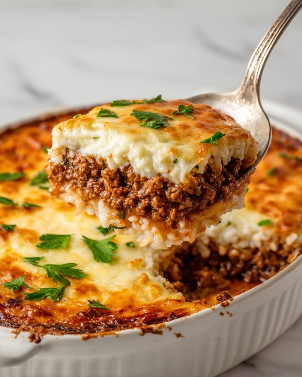 The image shows a close-up of a layered baked dish in a white ceramic dish. The bottom layer is made of cooked rice with a slightly browned texture around the edges. Above this, there is a thick layer of browned ground meat, evenly spread. On top of the meat, there is a smooth melted cheese layer that is golden and bubbly with some browning on the edges. The dish is garnished with small green parsley leaves scattered on top. A spoon is lifting a portion, showing the three distinct layers clearly against a white marbled background. Photo taken with an iphone --ar 4:5 --v 7