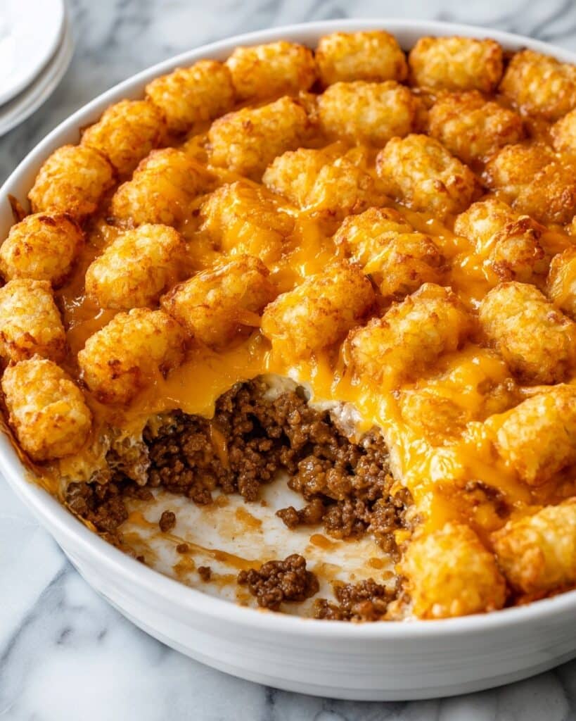 Tater Tot Casserole with Ground Beef and Creamy Mushroom Sauce Recipe