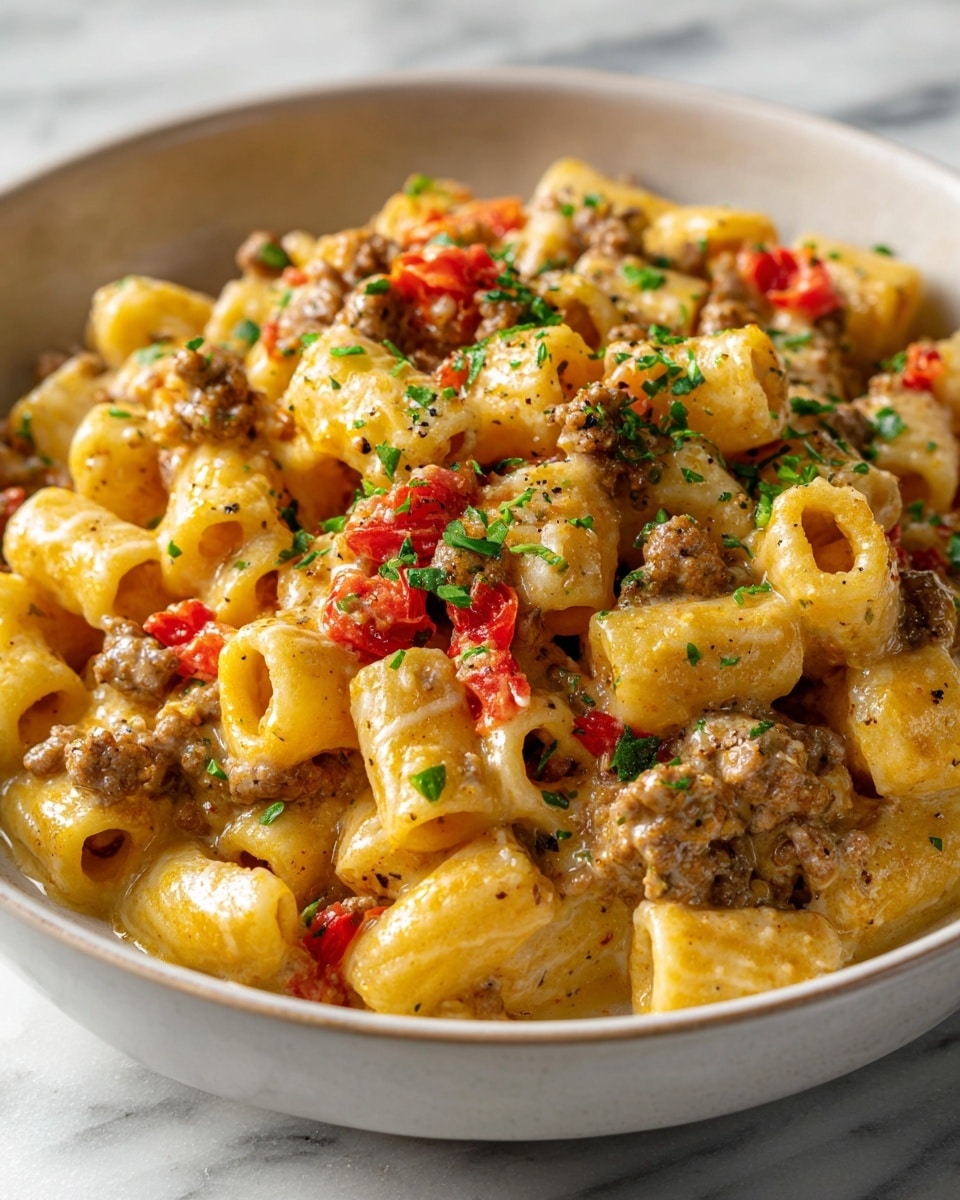The dish is a close-up of creamy pasta in a white bowl placed on a white marbled surface. It has three main layers: at the bottom, short tubular pasta pieces with a pale yellow color, looking soft and smooth; on top of the pasta, there are small browned meat chunks, scattered evenly; finally, melted cheese with a light golden tone covers the pasta and meat, with some green herb bits sprinkled on top for contrast. The textures show creamy sauce blending with the cheese, making the pasta shine slightly. photo taken with an iphone --ar 4:5 --v 7