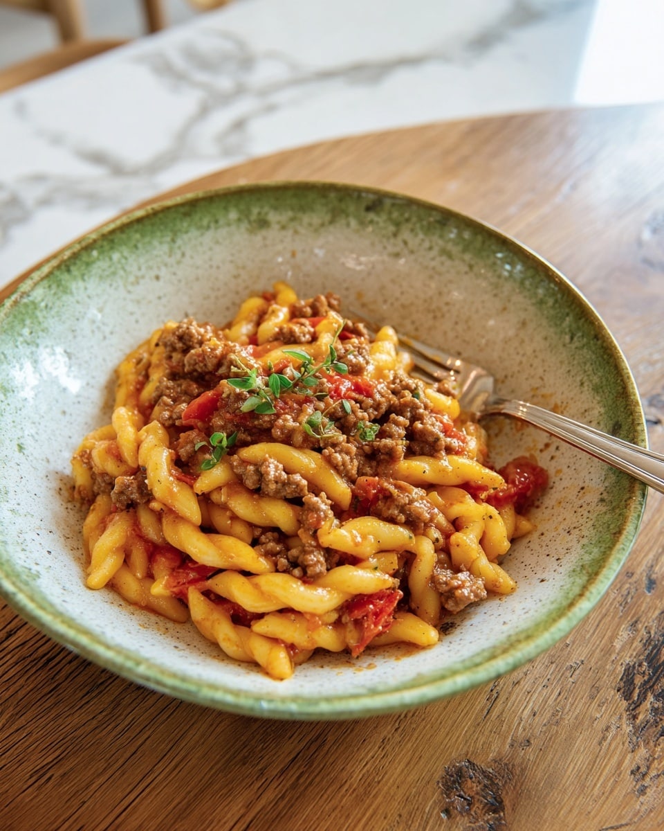 A white bowl filled with a layered dish of orzo pasta mixed with ground meat, visible as small brown crumbles spread throughout the bowl. The pasta is coated in a light reddish-brown sauce, with pieces of red tomatoes and bits of onion mixed in. Small green herb leaves are scattered on top, adding a fresh touch. A silver spoon is placed inside the bowl on the right side, resting in the mixture. The bowl sits on a wooden surface, with a soft focused background showing kitchen items. Photo taken with an iphone --ar 4:5 --v 7