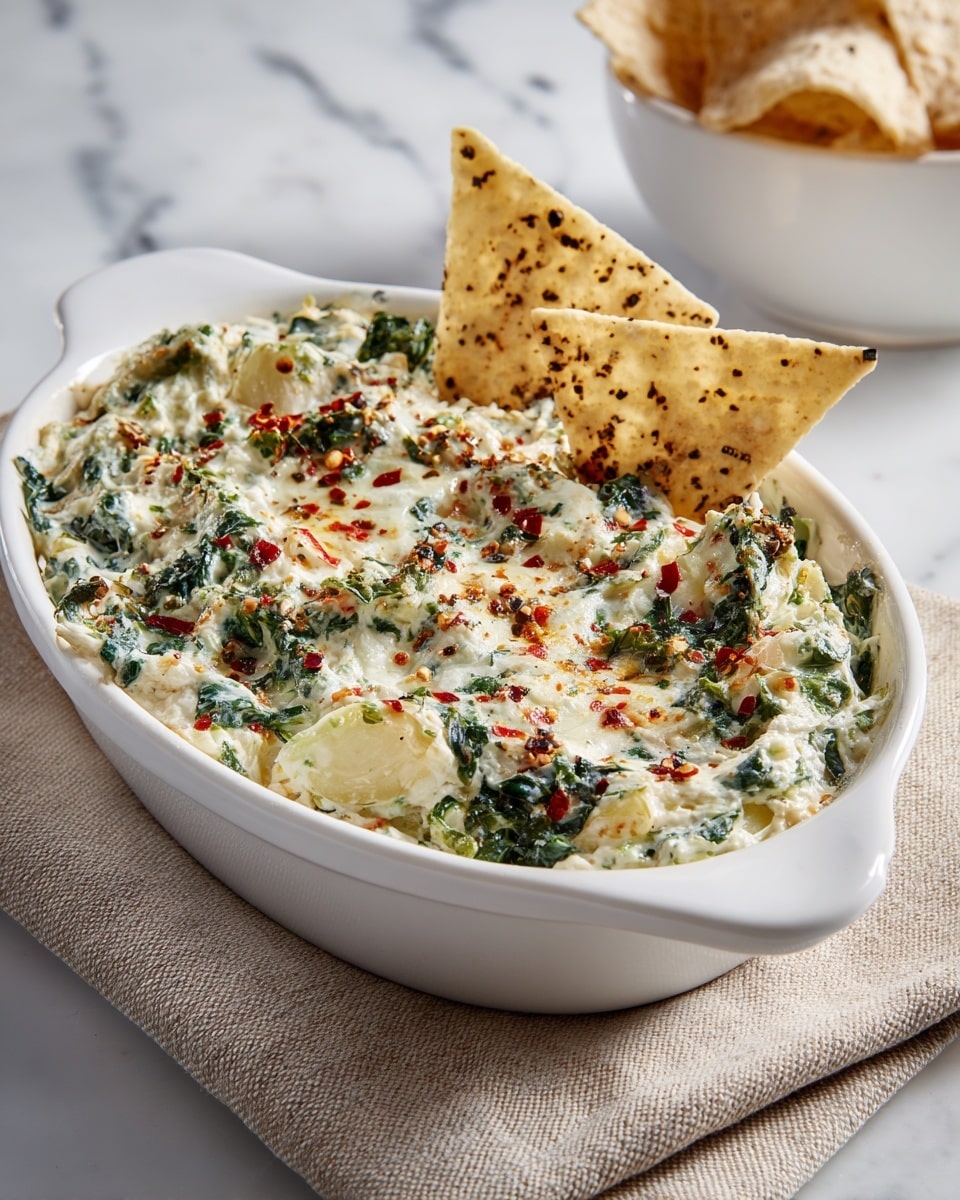 A white oval dish filled with a creamy dip that has a mix of green leafy bits and chunks of pale yellow vegetables evenly spread throughout. The top layer is smooth with specks of red chili flakes and small black pepper dots scattered across. Two triangular beige chips with black seasoning are partially dipped into the dish, standing upright near the center. The dish sits on a soft beige cloth on a white marbled surface, with a blurred white bowl of chips in the background. photo taken with an iphone --ar 4:5 --v 7