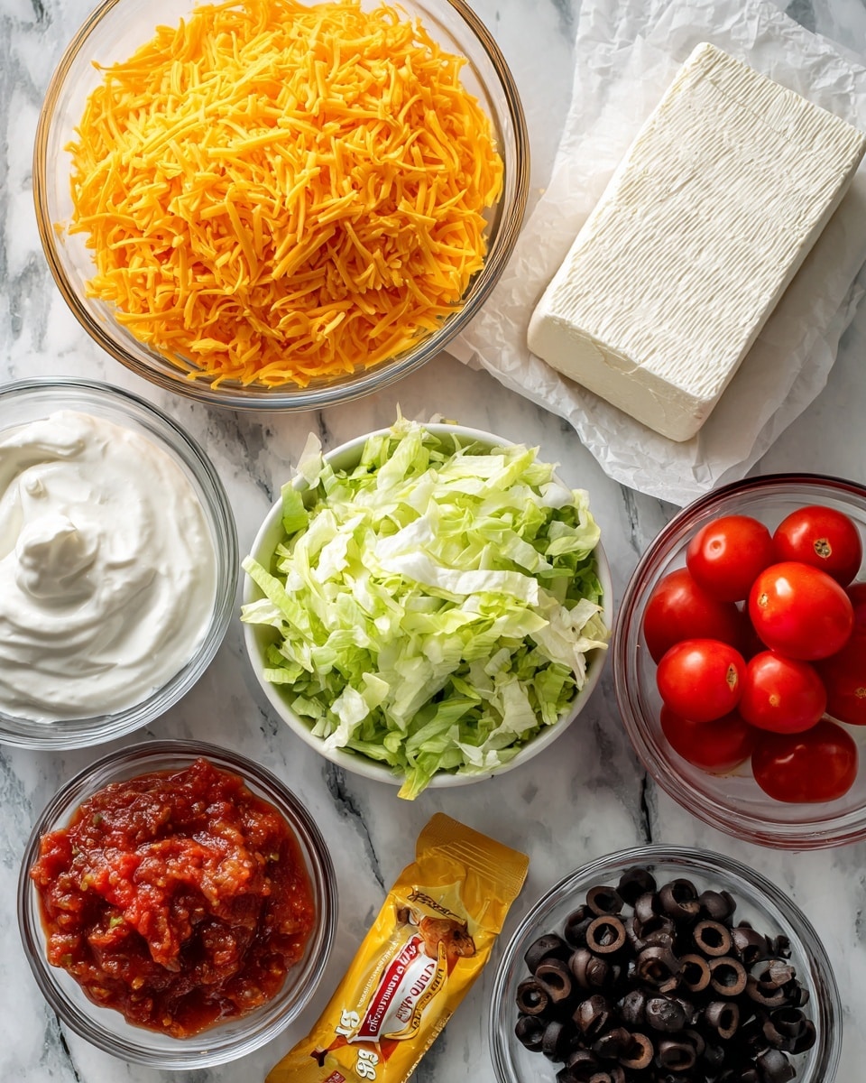 The image shows a flat layout of taco ingredients arranged neatly on a white marbled surface. There is a clear glass bowl filled with bright orange shredded taco cheese at the top left, a block of white cream cheese sitting on parchment paper at the top right, and a white bowl full of fresh shredded green lettuce below the cream cheese. Below the cheese on the left is a clear bowl with smooth white sour cream, next to it a clear bowl with chunky red salsa. Cherry tomatoes, cut in halves, fill another clear bowl, placed to the right of the salsa. At the bottom right sits a small clear bowl with black sliced olives. A yellow packet of taco seasoning lies flat near the bottom left corner. Each ingredient appears fresh, colorful, and clearly visible. Photo taken with an iphone --ar 4:5 --v 7