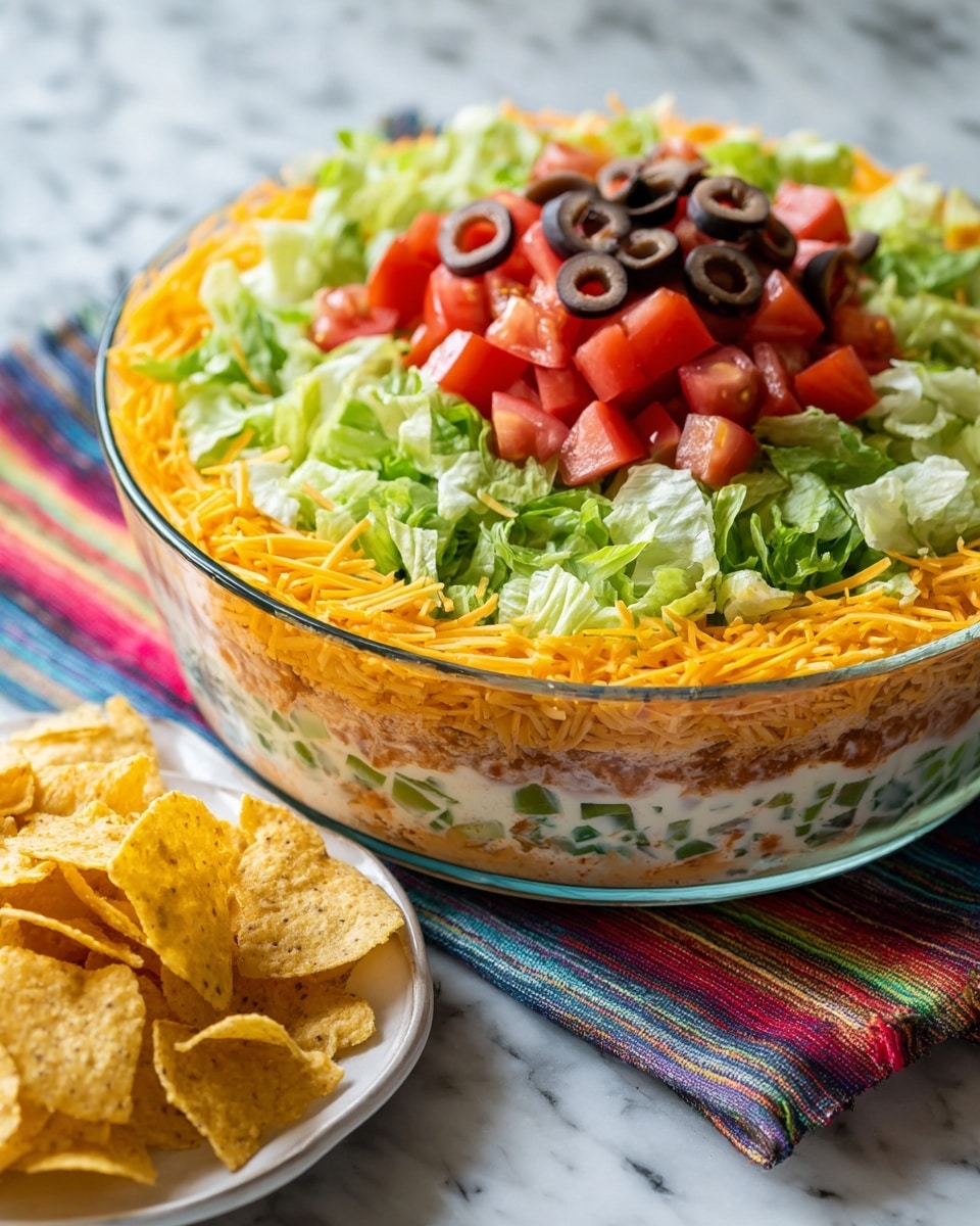 A clear glass bowl filled with a layered dip sits on a white marbled surface with a colorful striped cloth under it. The bottom layer is finely diced green and red ingredients, followed by a thick layer of shredded bright orange cheese covering the entire surface. On top of the cheese are medium-sized chunks of red tomatoes, scattered unevenly. Next to the tomatoes is a layer of fresh, light green lettuce leaves torn into medium pieces. There are a few dark brown olive slices placed randomly over the lettuce. In front of the bowl lies a white plate with yellow corn chips and some shredded cheese on top. Photo taken with an iphone --ar 4:5 --v 7