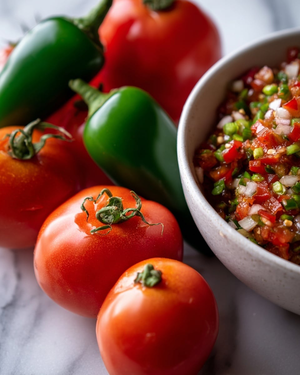 The image shows bright red tomatoes and shiny green jalapeño peppers close together, resting on a white marbled surface. On the right side, part of a white bowl is visible, filled with a chunky, colorful mixture of chopped red and green ingredients, possibly salsa. The colors are vibrant, with the red tomatoes and jalapeños sharply contrasting with the white bowl and white marbled background, giving a fresh and lively feel. Photo taken with an iphone --ar 4:5 --v 7