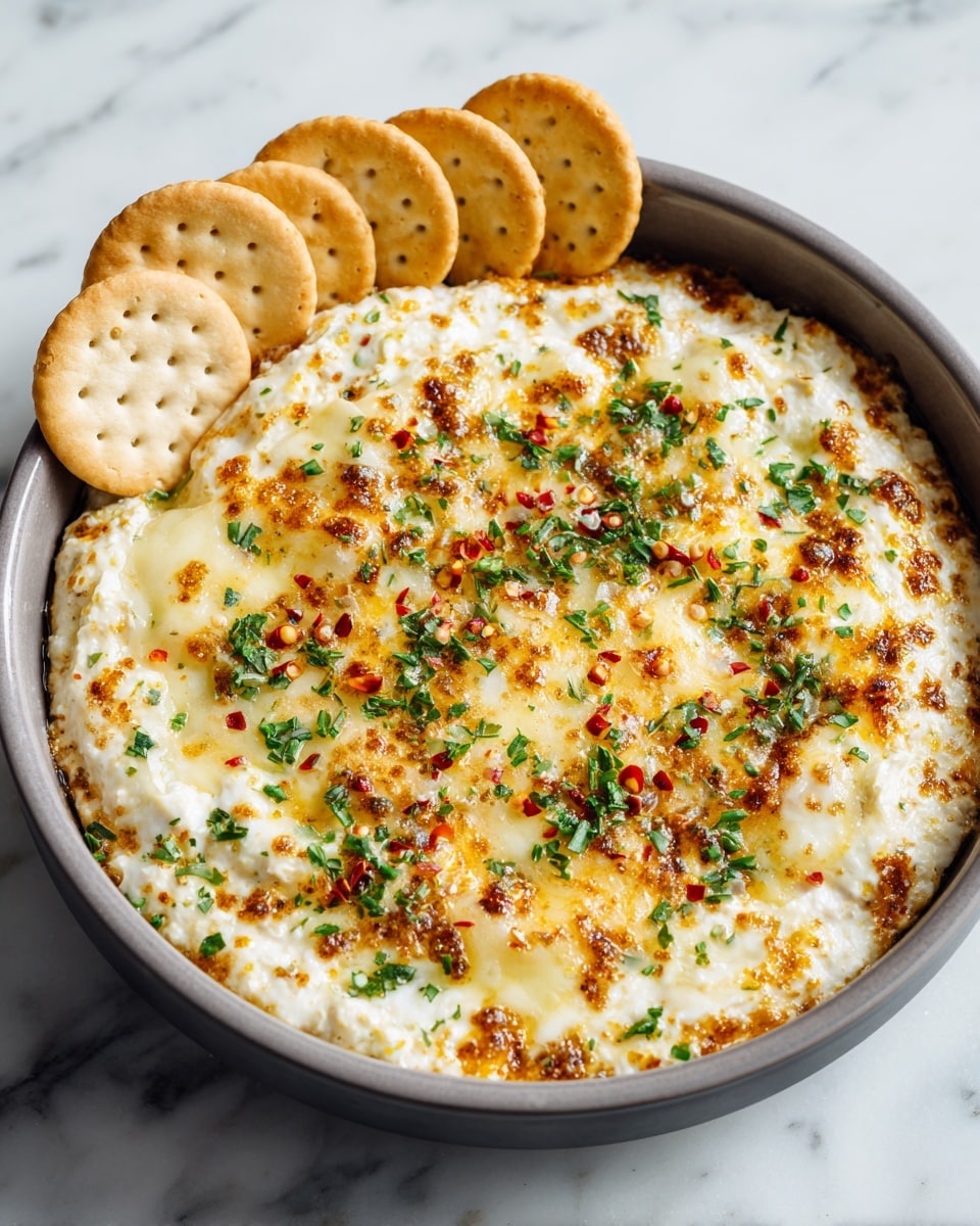 The image shows a shallow round gray pan filled with a creamy white dip topped with melted pale yellow cheese that has some spots of golden brown. The cheese is sprinkled with bright red chili flakes and chopped green herbs, adding color contrast. Around the edge of the pan, there are round, lightly toasted white crackers placed upright partially dipping into the dip. The scene sits on a white marbled surface. photo taken with an iphone --ar 4:5 --v 7