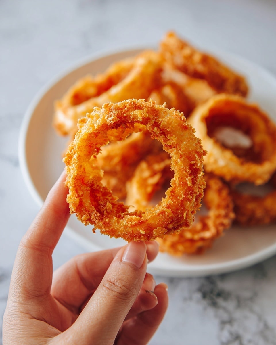 A close-up of a golden-brown fried onion ring with a rough texture from the crispy coating, held between the fingers of a woman's hand in the foreground. Behind it, there is a white plate filled with more similar onion rings, all showing the same crunchy texture and warm, light brown colors. The background is a soft, white marbled texture, making the golden rings stand out clearly. photo taken with an iphone --ar 4:5 --v 7