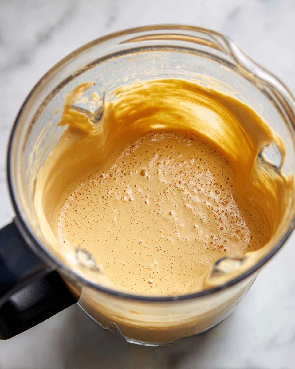 A clear blender container sits on a white marbled surface, filled about halfway with a thick, smooth sauce of light yellow color. The inside edges of the blender are coated unevenly with the same sauce, showing its creamy texture. Small bubbles and tiny specks are visible on the sauce's surface, giving it a slightly textured look. The black handle of the blender contrasts with the smooth, light tones inside the container. photo taken with an iphone --ar 4:5 --v 7