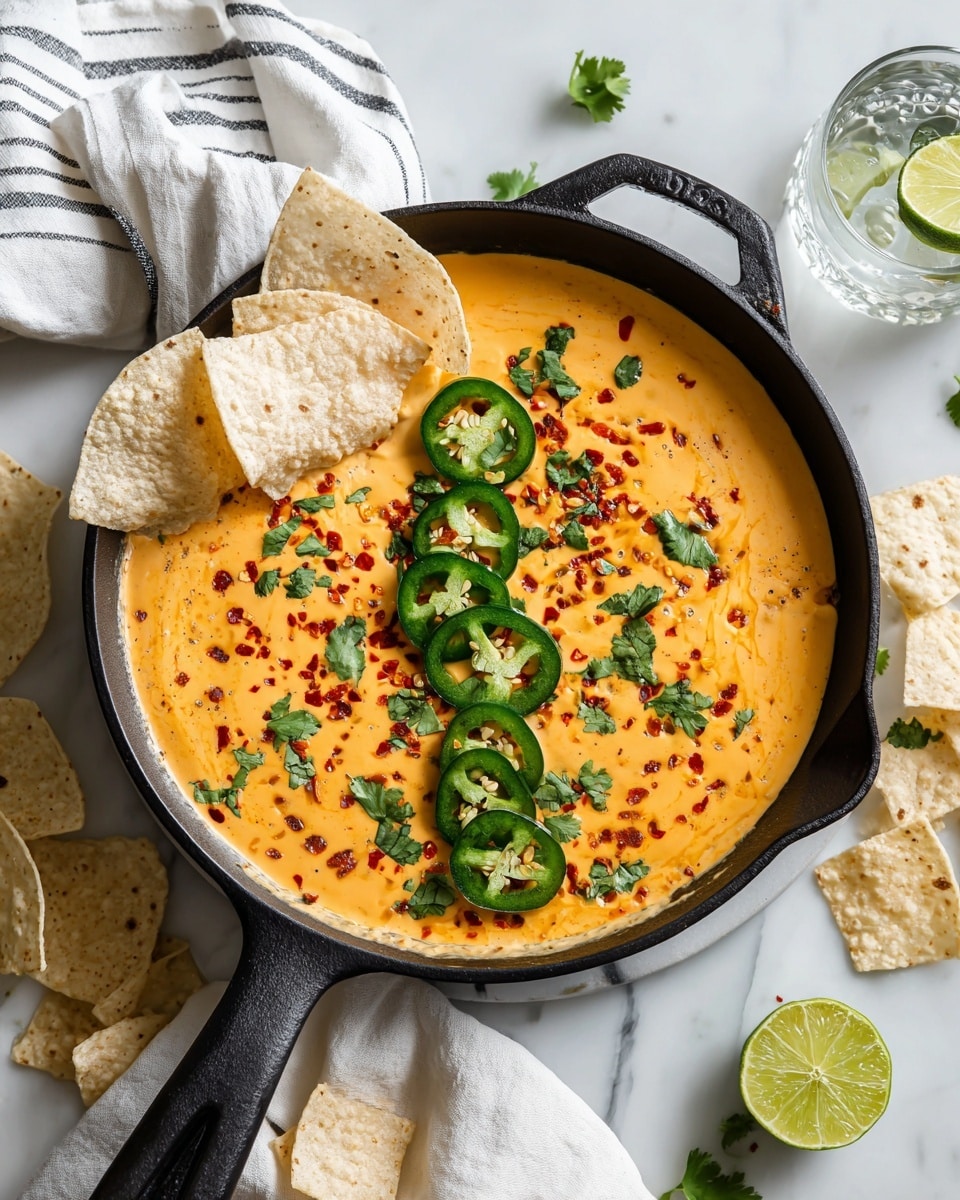 A black skillet filled with smooth, creamy orange cheese dip forms the dish's base, topped with a row of fresh bright green jalapeño slices arranged in the center. Around the jalapeños are sprinkled pieces of fresh green cilantro leaves and small red chili flakes, adding texture and color contrast. A few white tortilla chips rest on the left side inside the skillet, slightly overlapping the cheese dip. More white tortilla chips are scattered loosely on a white marbled surface around the skillet. A clear glass of water with a green lime wedge sits in the top right corner, and a white cloth with thin black stripes is draped to the left side. The overall scene is well-lit and clean. photo taken with an iphone --ar 4:5 --v 7