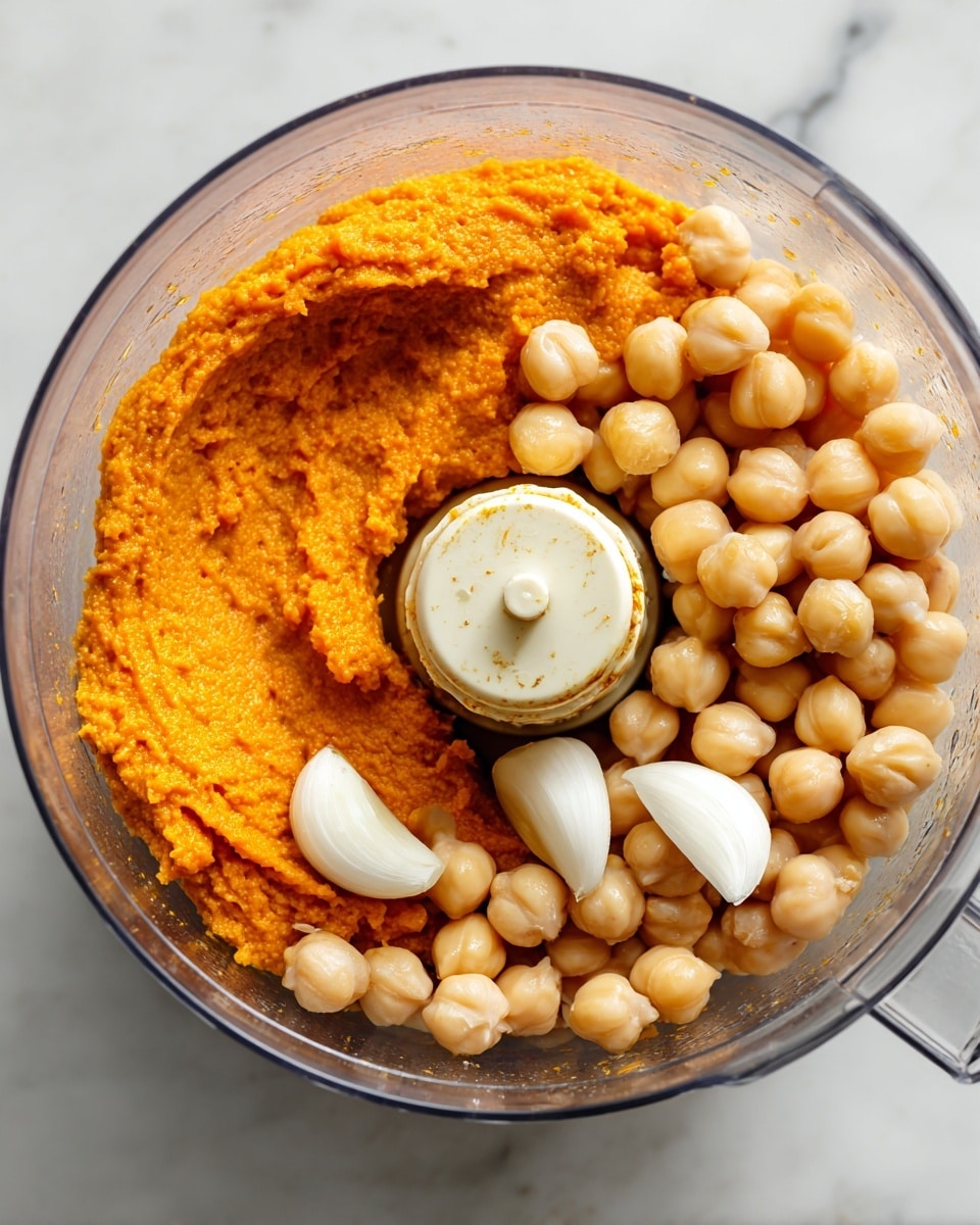 A white round plate holds a layer of orange hummus spread evenly in a slightly thick texture, covering the whole plate. On the top left side of the hummus, there is a dense row of bright red, shiny pomegranate seeds with a mix of green pumpkin seeds scattered over and around them. Dotted green herbs are sprinkled lightly across the hummus, with a small pool of golden olive oil sitting near the center right. A woman's hand dips a single deep red chip into the hummus on the right side, showing the creamy texture being scooped. The plate rests on a white marbled surface, with a few pumpkin seeds scattered nearby, and in the bottom left corner, part of another white plate is visible holding colorful vegetable chips in orange, red, purple, and yellow tones. photo taken with an iphone --ar 4:5 --v 7