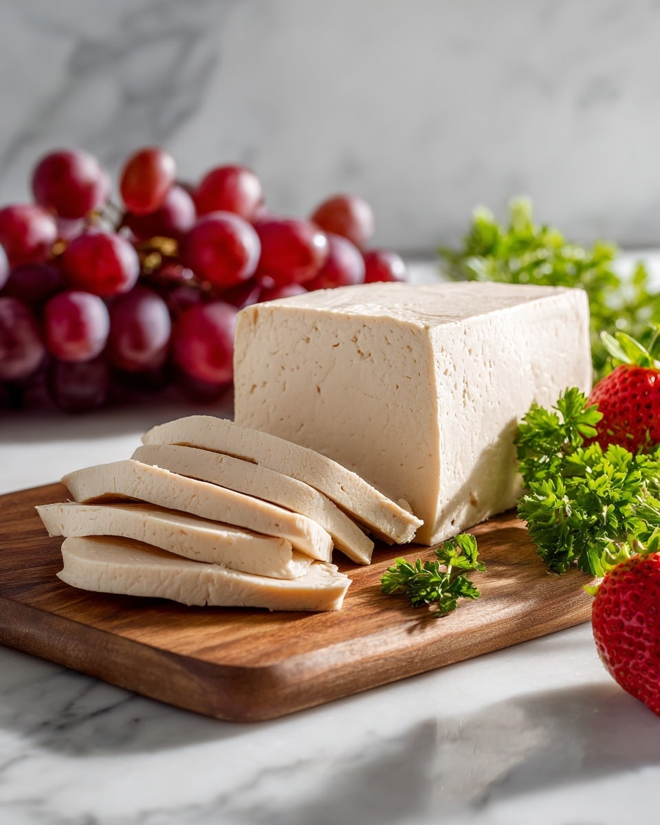 A wooden board holds a block of smooth, pale beige tofu with seven thin slices fanned out in front. Behind the tofu, there is a bunch of red grapes, while to the right, a bright red strawberry and a small bunch of green parsley add color contrast. The board rests on a white marbled surface, highlighting the natural textures and colors of the food. photo taken with an iphone --ar 4:5 --v 7