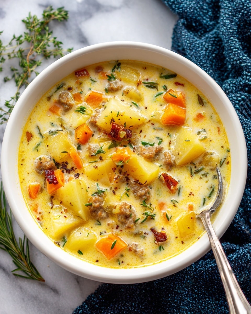 A white bowl filled with a creamy soup that has a light yellow color base and is thick in texture. Inside the soup, there are visible chunks of cooked potatoes in pale yellow, small pieces of orange carrots, and small bits of green herbs spread throughout. Also present are browned bits of sausage adding a speckled dark brown contrast. A silver spoon is partially dipped into the soup on the right side, with its handle extending outside the bowl. The bowl is placed on a white marbled surface, with some green herb sprigs near the top left and a textured dark blue cloth at the bottom right. The overall look is warm, comforting, and hearty photo taken with an iphone --ar 4:5 --v 7