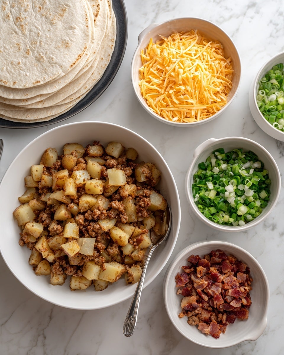 A white bowl on a white marbled surface holds a colorful layered dish. Around the edge, golden brown roasted potato chunks are placed neatly. Next to the potatoes, there is a rich layer of dark brown cooked ground meat mixed with kidney beans. Above this, there's a bright mix of diced red tomatoes and red onions with green onion slices. On one side, a fresh green layer of chopped avocado is visible. A generous pile of shredded yellow cheddar cheese sits in the middle, topped with a dollop of smooth white sour cream sprinkled with small green herb pieces. photo taken with an iphone --ar 4:5 --v 7