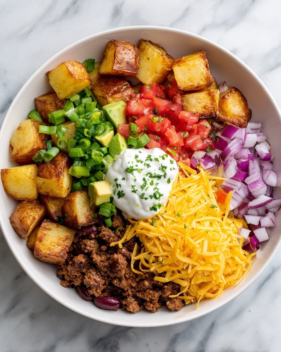The image shows several white bowls containing ingredients arranged on a white marbled surface. The largest bowl in the center holds a mix of browned, cooked diced potatoes and small browned pieces of meat. To the right, a smaller white bowl contains chopped green onions, while another small white bowl holds small cooked bacon pieces. Above these bowls, there is a white bowl filled with shredded orange cheese. On the left side, there are three stacked soft white tortillas resting on a black plate. A silver spoon sits inside the large bowl with potatoes and meat. The scene is bright and clear, with natural lighting. photo taken with an iphone --ar 4:5 --v 7